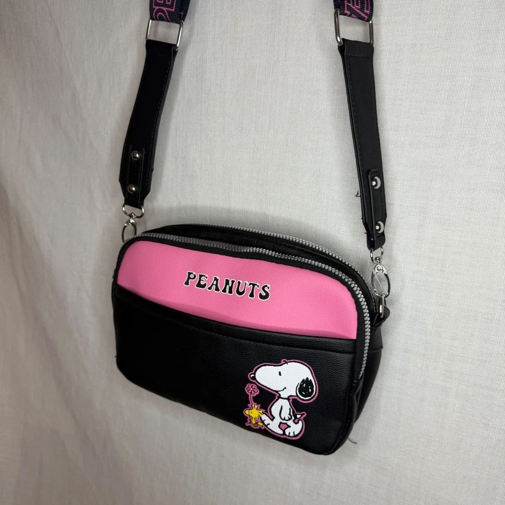 Peanuts Snoopy Woodstock Crossbody Bag Pink Black Camera Bag Faux Leather